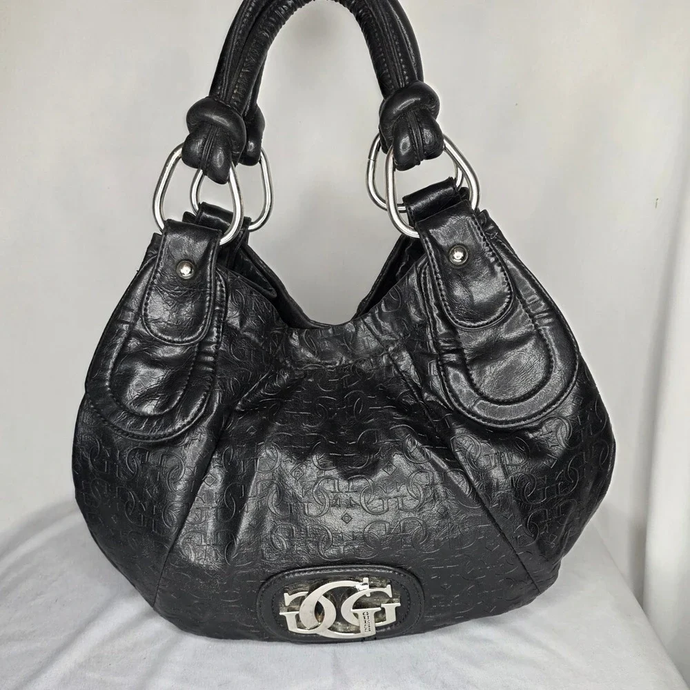 Vintage Y2K Guess Monogram Embossed Black Slouchy Hobo Shoulder Bag Silver Logo